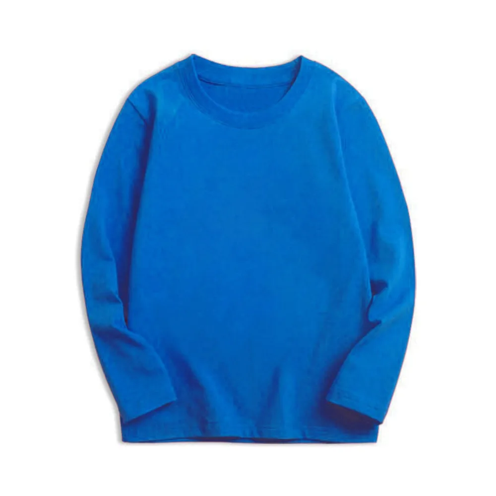 Boys Girls 100% Cotton Long Sleeve Base T‑Shirt Solid Crew Neck Soft Breathable Casual Tee Children Daily Wear Tops For 2‑14Y