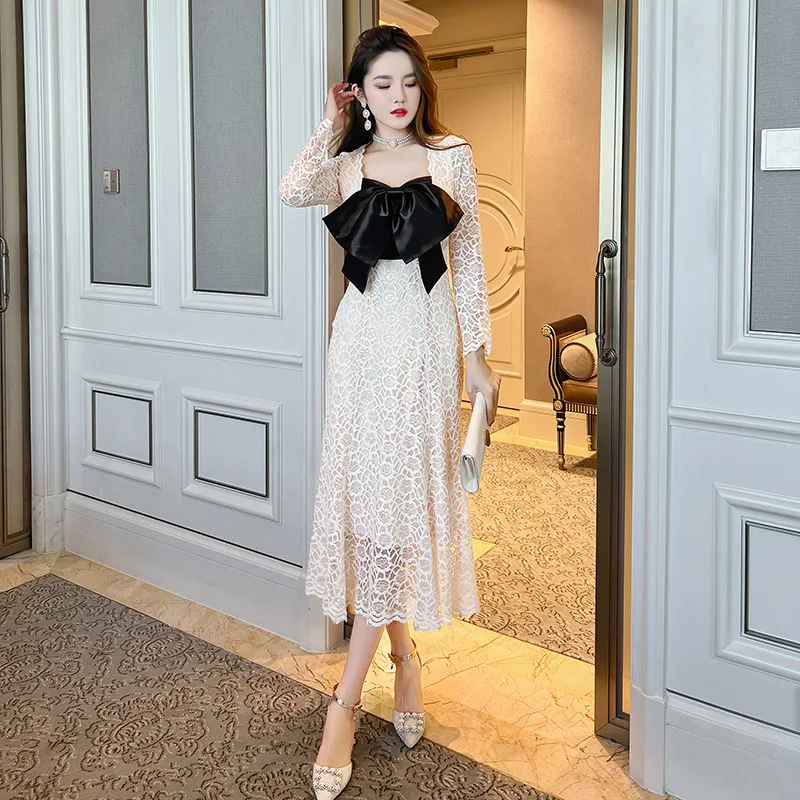 

Women‘s Dresses Elegant Lace Bow Tie Sweet Hollow Out Female Dresses Party Night Event Lady Clothing Spring Fashion Dresses