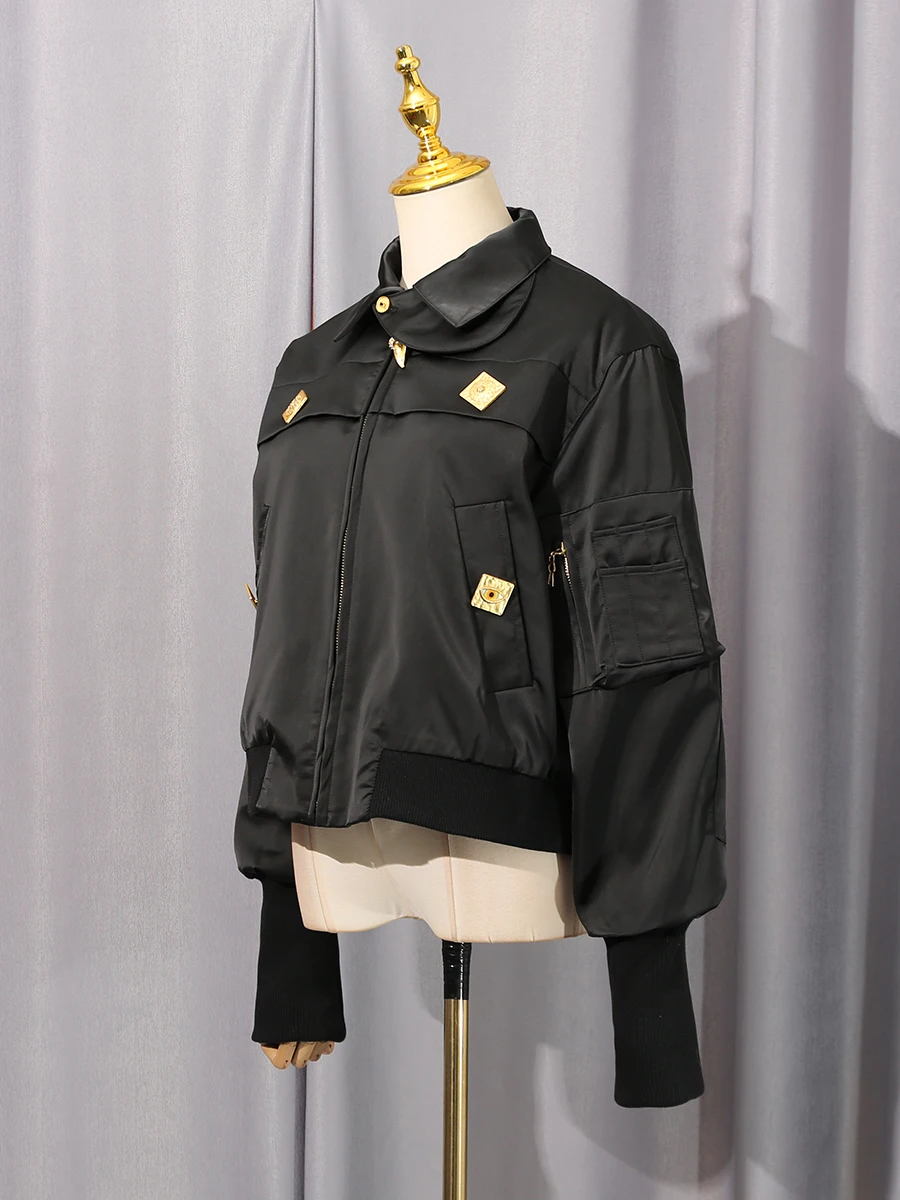 VGH High End Patchwork Metal Buckle Jackets for Women Lapel Long Sleeve Solid Fashionable Spliced Pocket Coat Female Autumn New