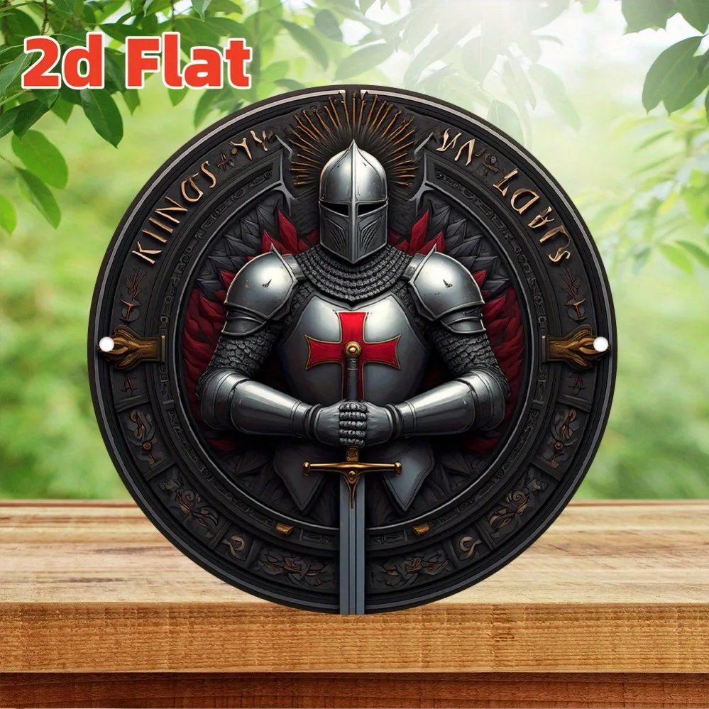 Crusader Knight 2D Flat High Definition Metal Wall Art Sacred Heart Red Cross Medieval Armor Sword Religious Valor Bravery Vinta