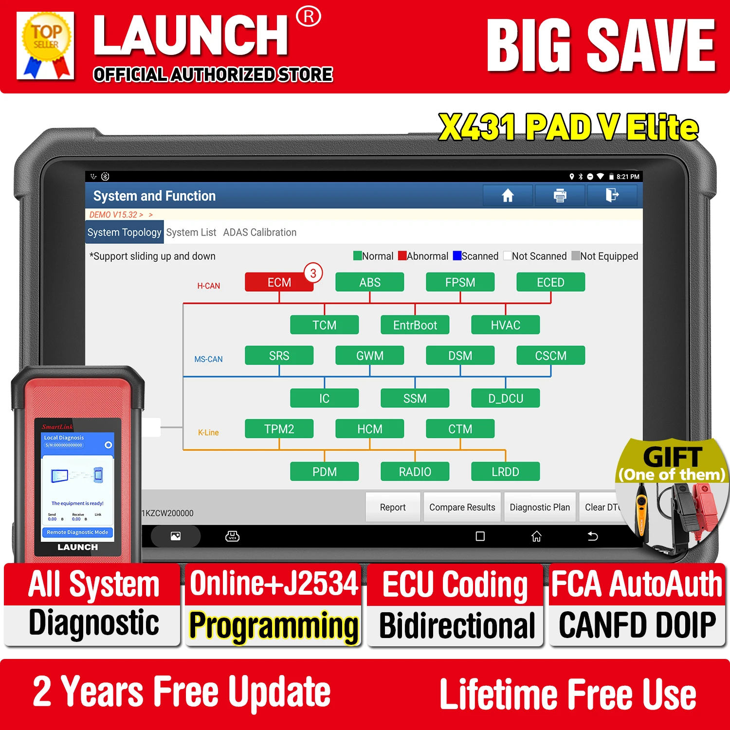 LAUNCH X431 PAD V Elite Car Diagnostic tools J2534 Online programming DOIP CANFD ADAS Smartlink C SCN Coding All Service