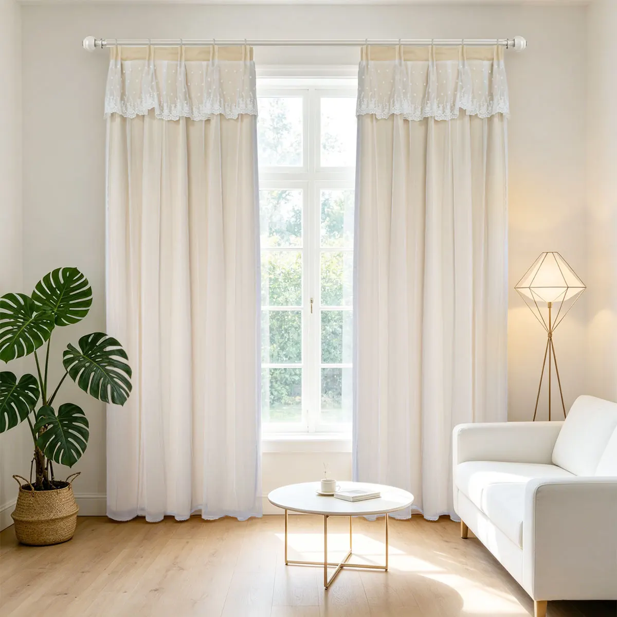 2pcs Beige Double Layer Lace Valance Curtain Star Embroidery Light Filtering Drapes 4 Prong Hook Bedroom Curtain