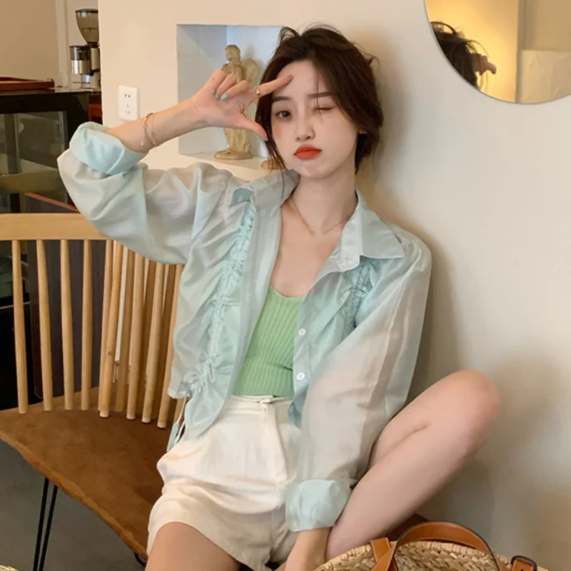 

Cropped Shirts Women Shirring Design Fashion Thin Baggy Soft Streetwear Sun-proof Casual Korean Style Elegant Solid Basic Chic