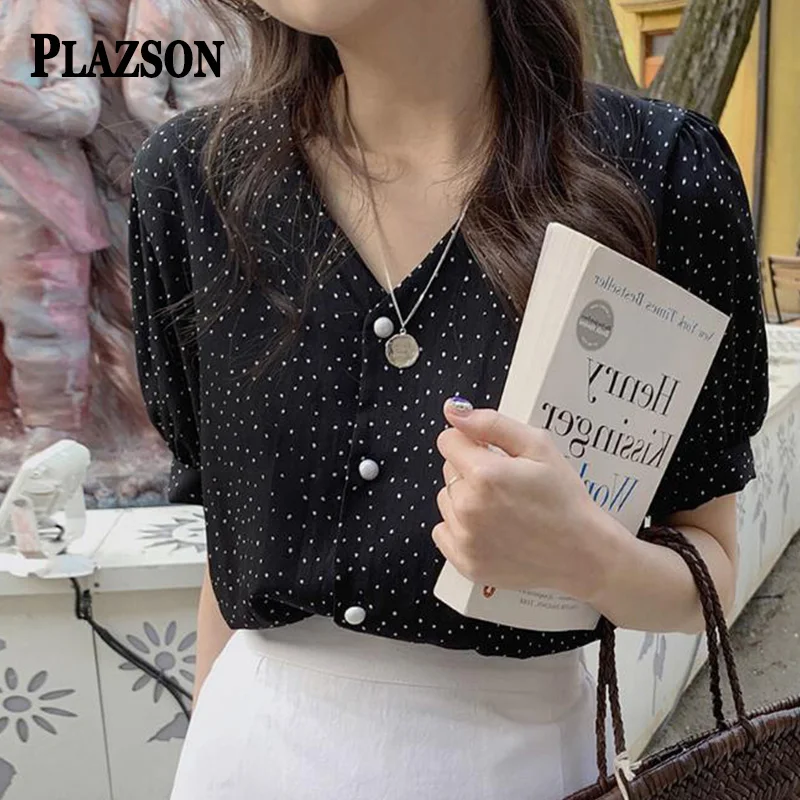 PLAZSON Summer Short Sleeve Women Shirt V Neck Polka Dot Print Blouse Casual Korean Style Tops Chemisier Femme 셔츠 & 블라우스 blusas