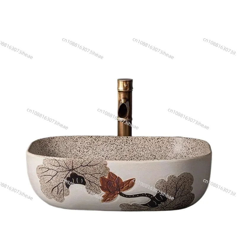 

Chinese Ceramic Art Bathroom Sinks Retro Above Counter Basin Designer Oval Wash Basin Light Luxury Countertop Sink Creative Sink