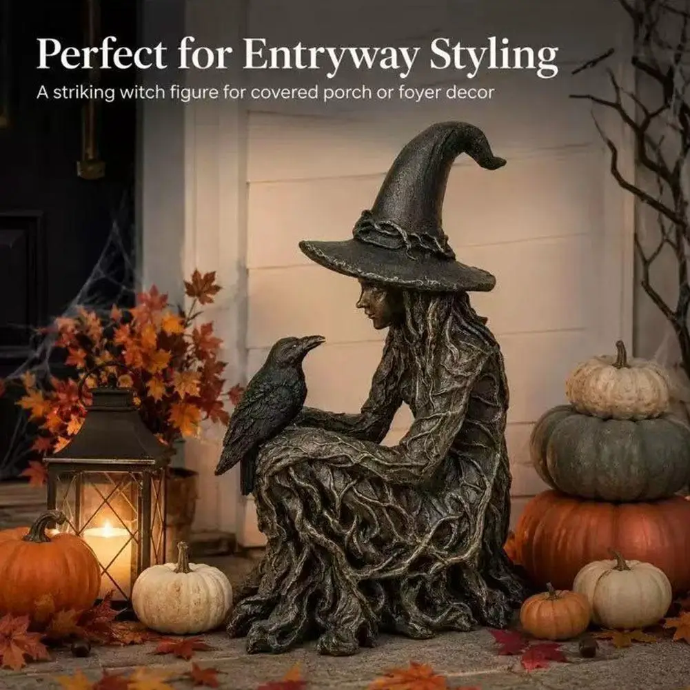 Gothic‑styled Halloween Witch Crow Resin Statue UV Fade Resistant Mystical Sculpture for Patio Lawn Home Party Decor Gift