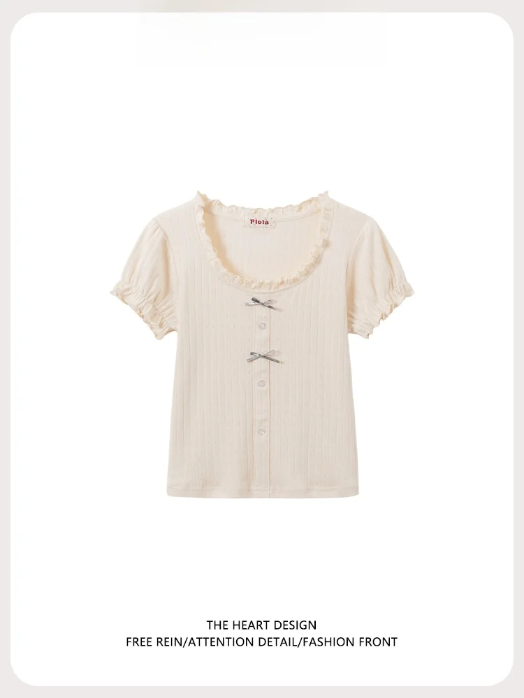 

Женский укороченный топ с рюшами, узлом и пышными короткими рукавами, на пуговицах, приталенный, молодежный, с эффектом стройности