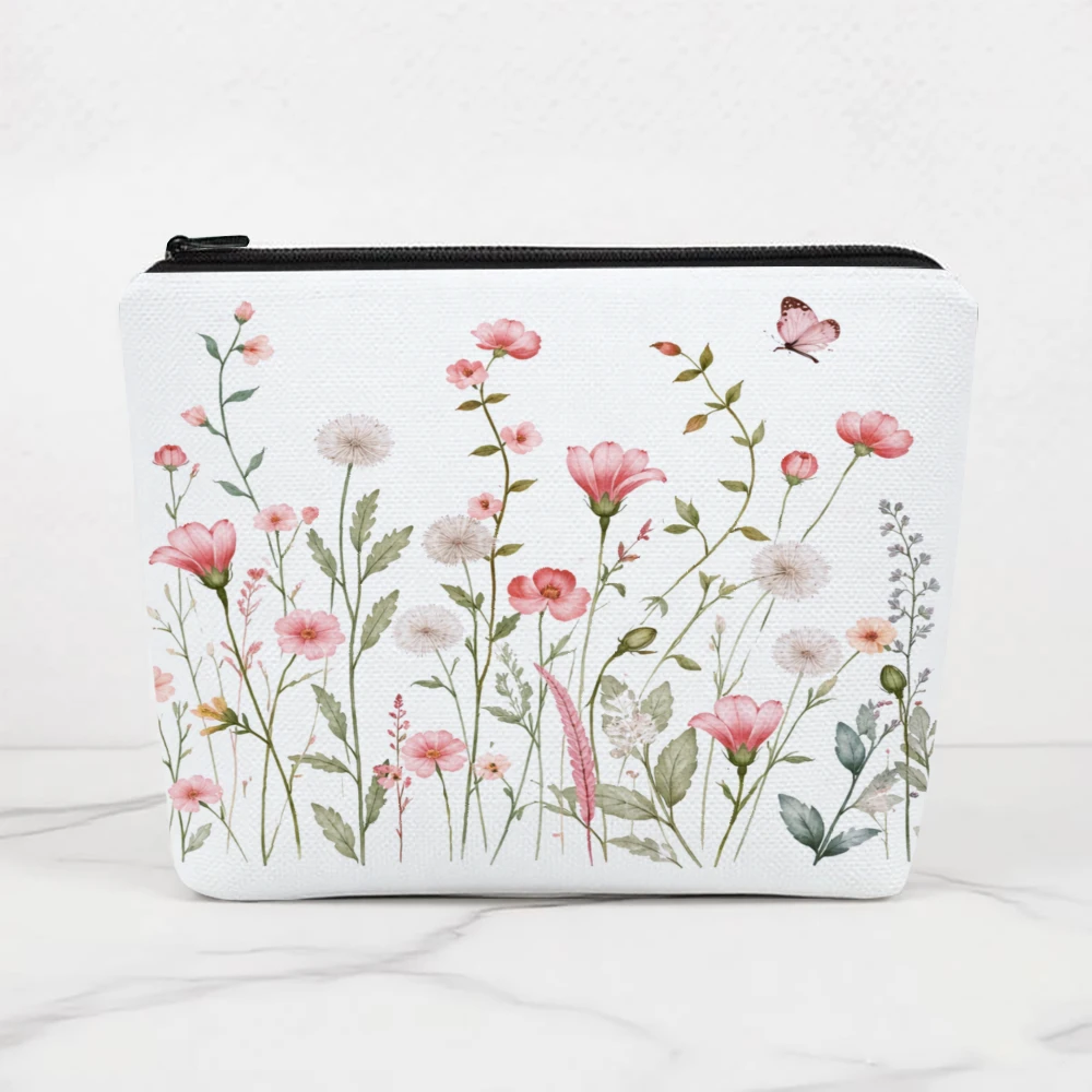 Floral Pattern With Pink And White Flowers Makeup Bags for Girls Cosmetic Pouch Toiletry Bag Pencil Case Travel Storage
