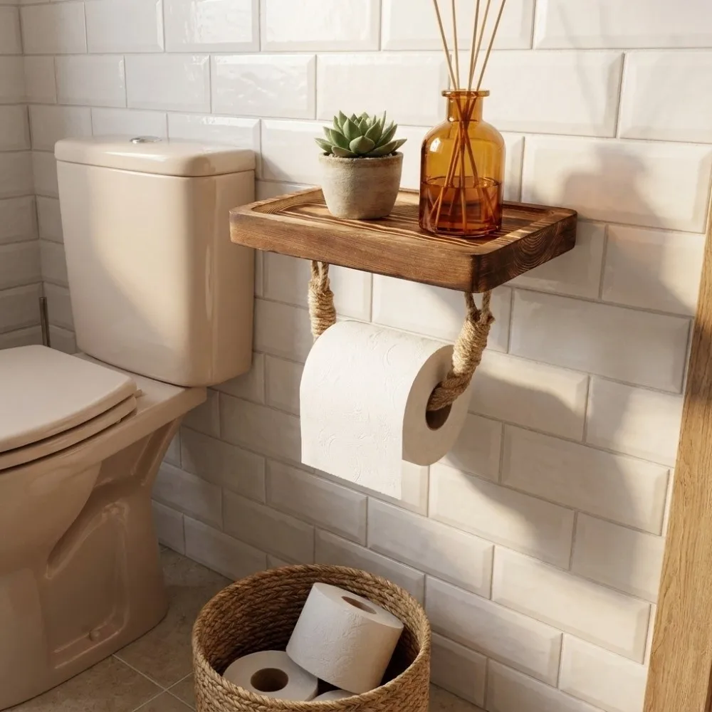 Wall Mount Toilet Paper Holder Decorative Rustic Bathroom Organizer Easy Install Space-Saving Tissue Holder Beach House