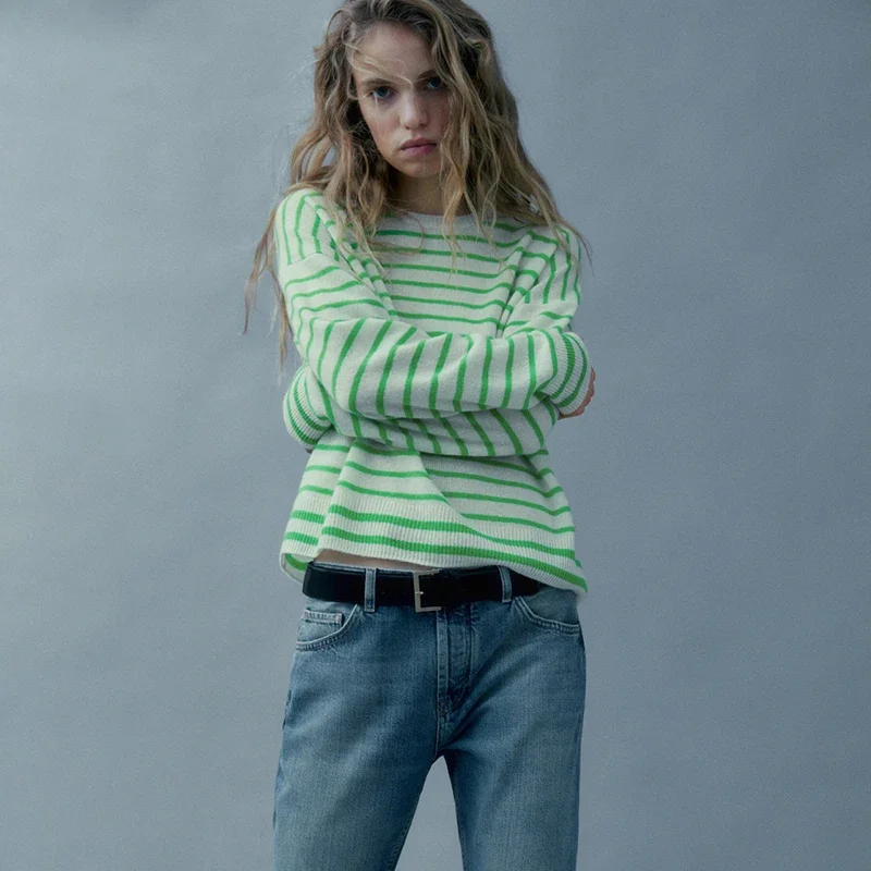 

Ethereal MD 2026 YAZHIMEI spring new style of Women's casual crew neck striped pullover sweater