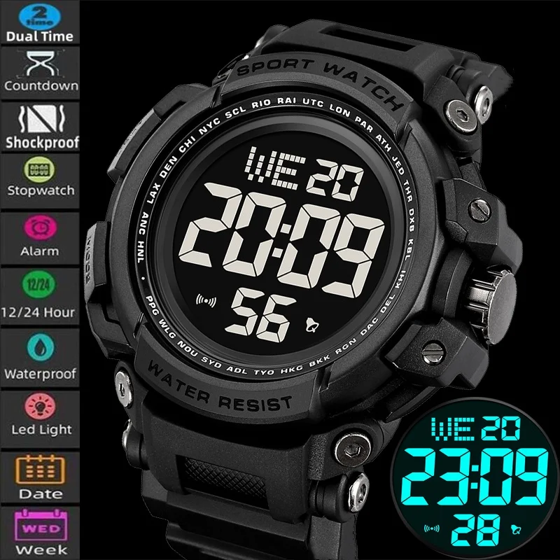 

Skmei модные спортивные секундомеры с большим циферблатом для мужчин, светодиодный водонепроницаемый хронограф, цифровой будильник с двойным часовым поясом, мужской