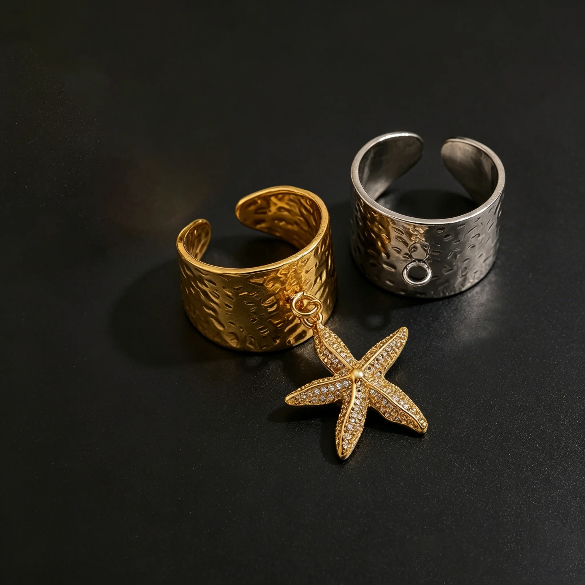 5 Stück Edelstahl Gehämmerte Breite Ringe, Verstellbare Offene Ringrohlinge mit Ösen für DIY Schmuckherstellung Zubehör – Detail 6