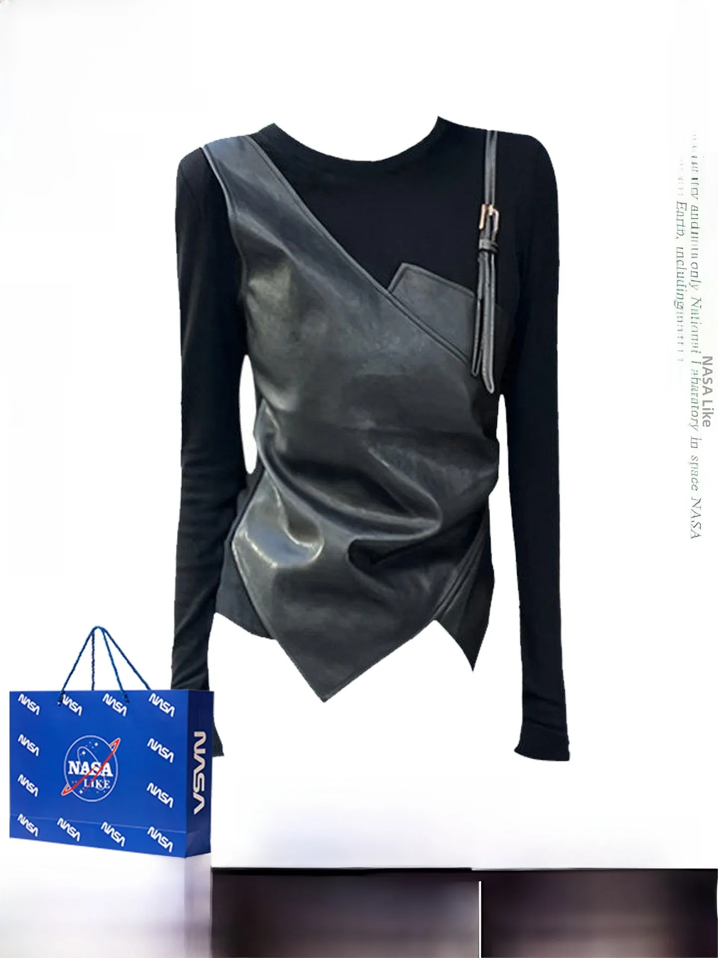 

Unique Sli Bla PU Leather Paneling Fake Two-Piece Top for Women Spring 2026 Faion Design Slim Fit American Sle Long...