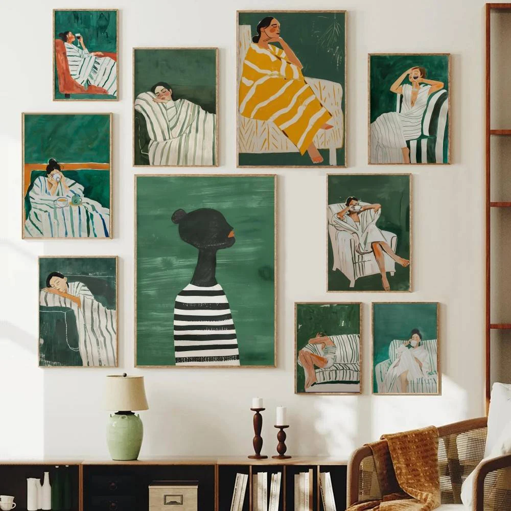Dark Green Abstract Woman Figure Paper Poster Boho Striped Bath Lady Minimal Oil Painting Wall Print for Living Room Home Decor
