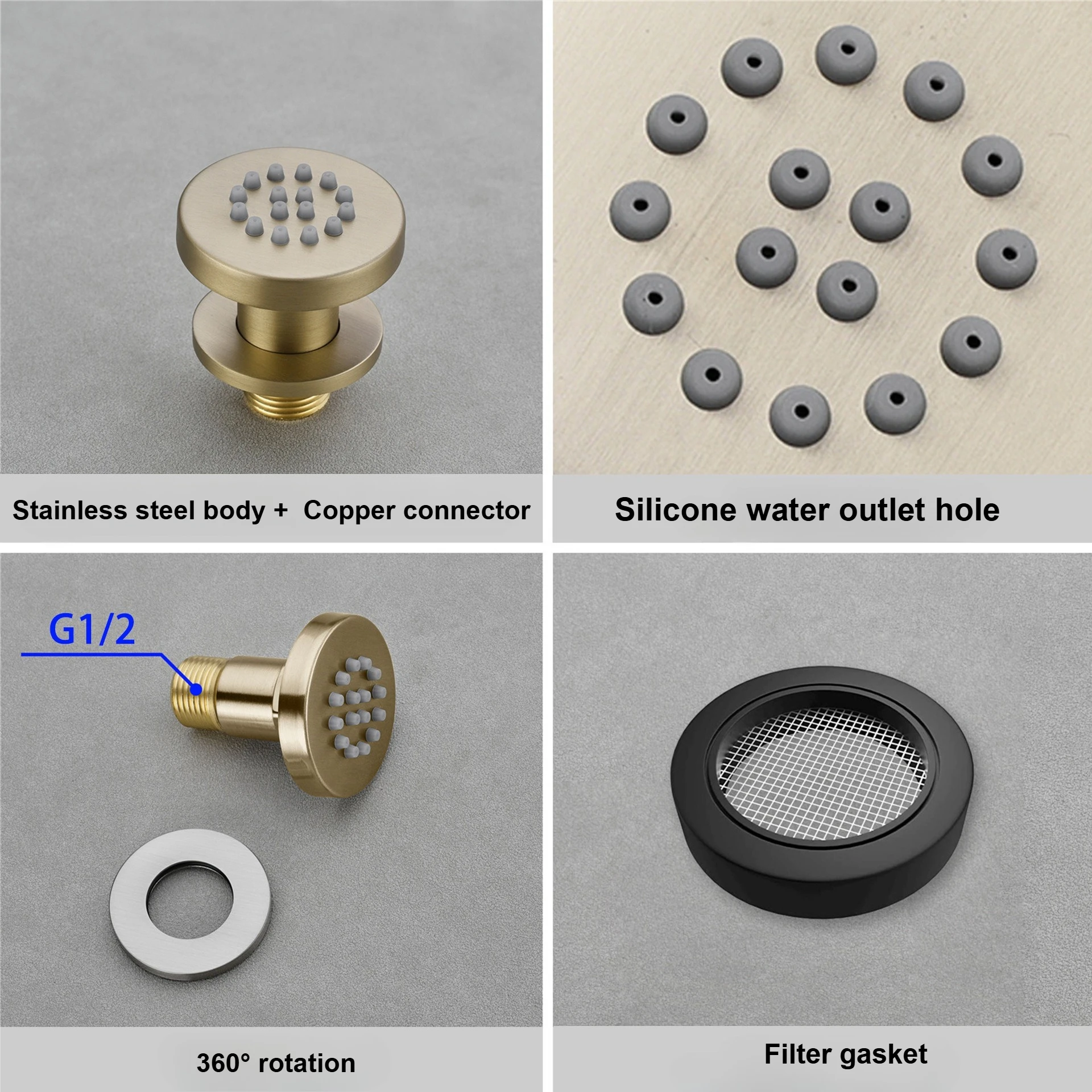 Black Golden Body Sprays Square Shower Spa Massage Body Jets Chrome Concealed Shower Spray Head Faucet Accessory
