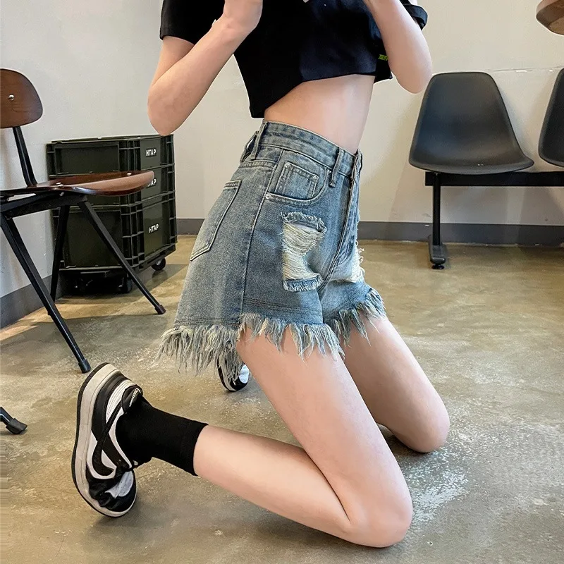 

High Waist Denim Shorts Women Summer Thin Style A-Line Frayed Hole Slimming plus Size Hot Pants Wide Leg Jeans Short Length