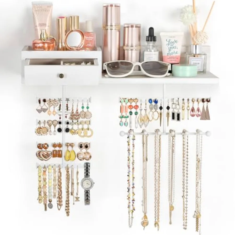 

Jewelry Organizer Hanging Wall Mounted Jewelry Holder with Rustic Wood Drawer and Large Capacity Storage Shelf Rack Display for