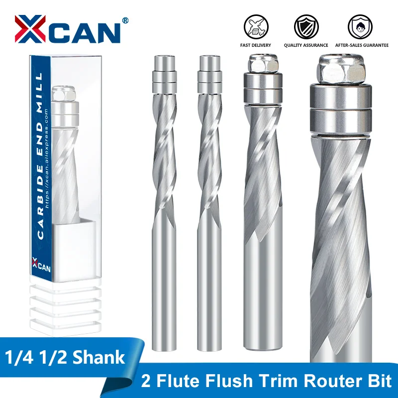 

XCAN Milling Cutter 2 Flute Up Cut Flush Trim Router Bit with Bearing Guided 1/4" 1/2" Shank Carbide CNC End Mill for Wood