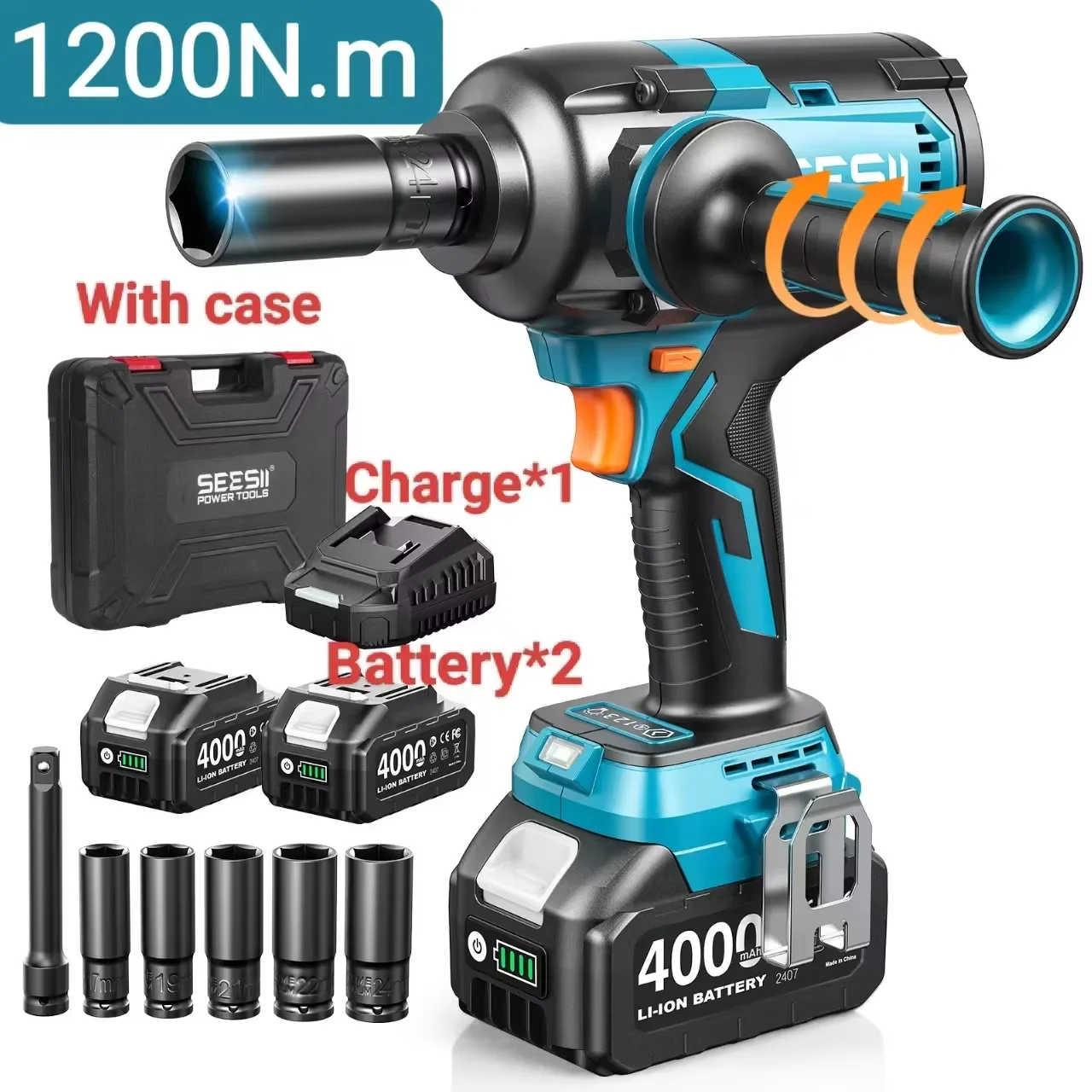 Seesii 1200Nm & 1600Nm Cordless Impact Wrench with Handle 1/2" High Torque Brushless Electric Impact Gun Kit Battery Powered Tool with 4.0Ah/5.0Ah Battery For Car Truck Heavy-Duty