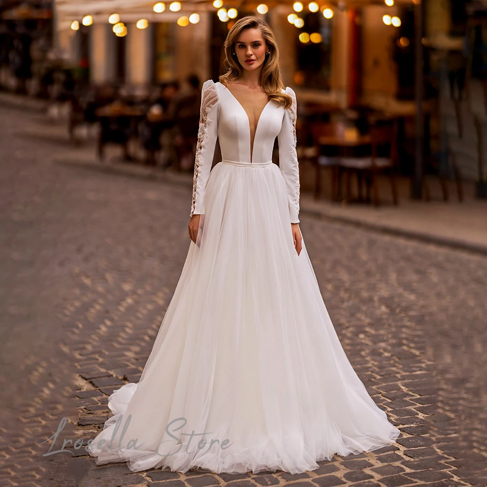 Vestido de lujo con cuello en V para mujer, elegante vestido a medida con Espalda descubierta, línea A de encaje, vestidos de boda civil drapeados internacionales de princesa baratos 2024