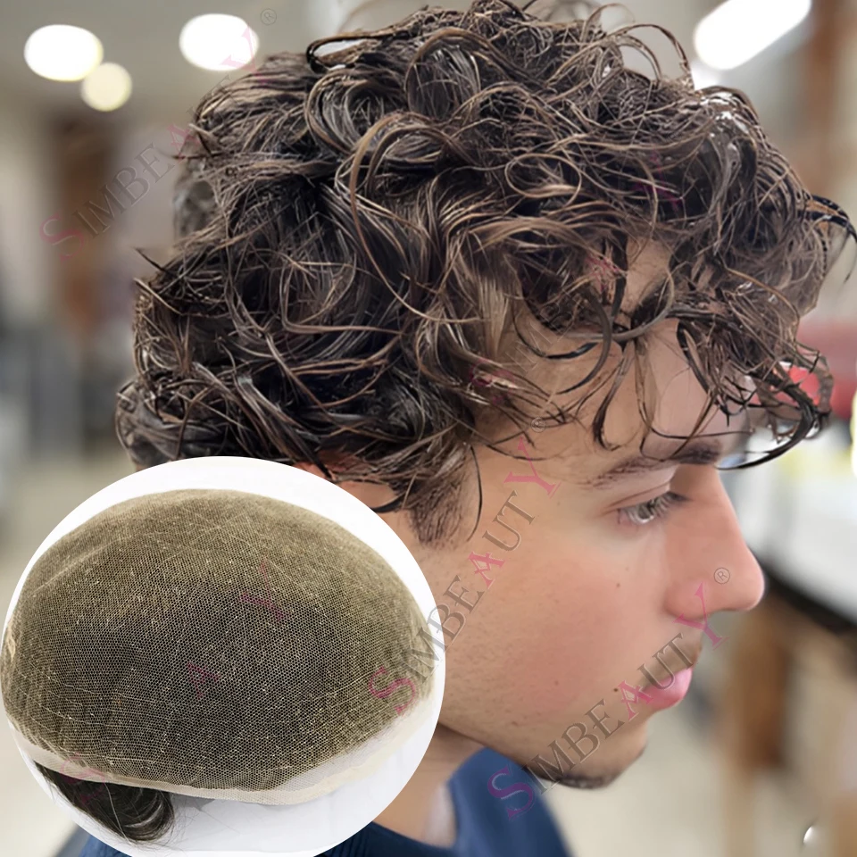 Prótesis de Cabello Humano para Hombre, Peluca Rubia con Encaje Francés, Cabello Rizado Completo, Nudos Decolorados, Rizo Suelto de 20mm y 28mm, Sistema Capilar Masculino
