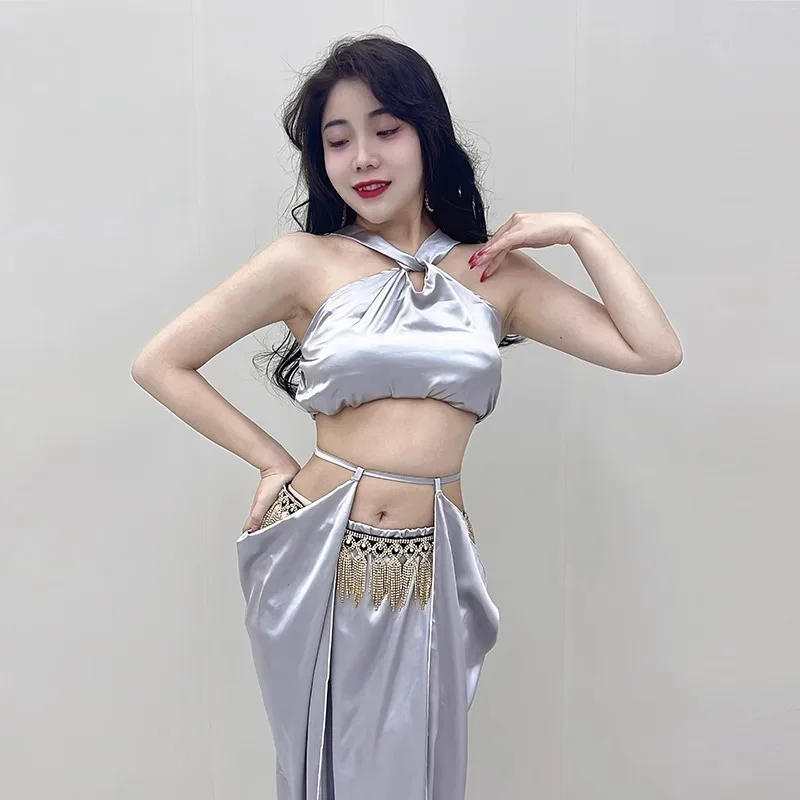 costumi di danza del ventre personalizzati abbigliamento da prestazione set di tute da allenamento sexy di fascia alta esotiche per maniche a lanterna con gonna superiore da donna
