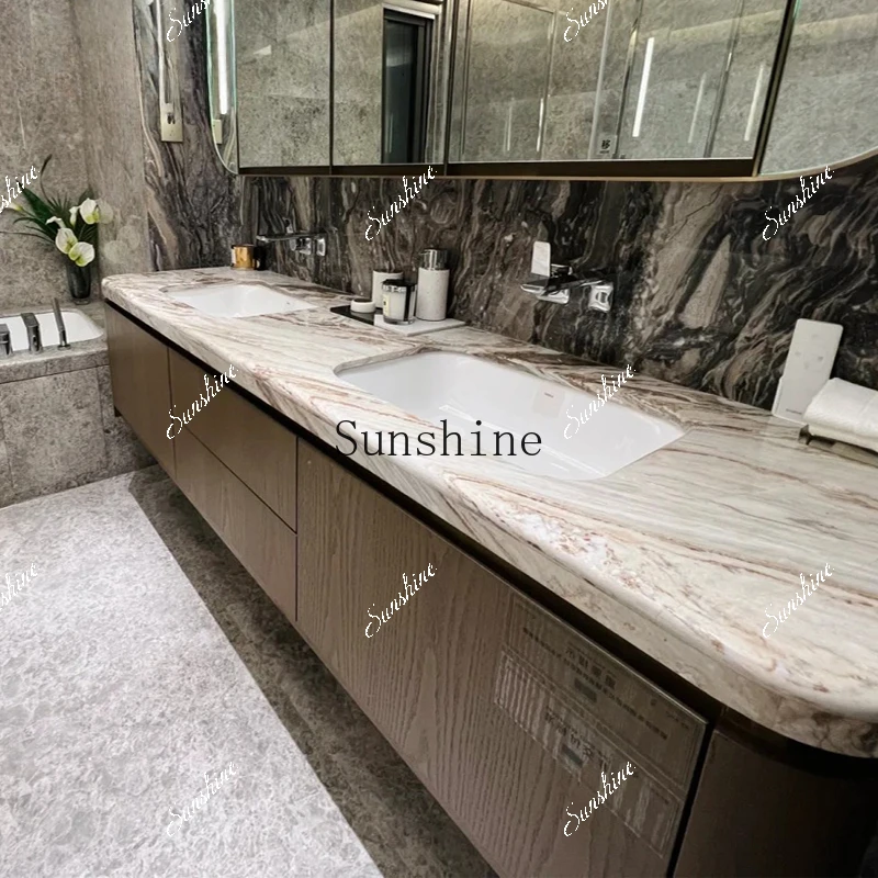 

High-end modern oak bathroom cabinet combination marble ceramic seamless basin wash basin cabinet customization FT
