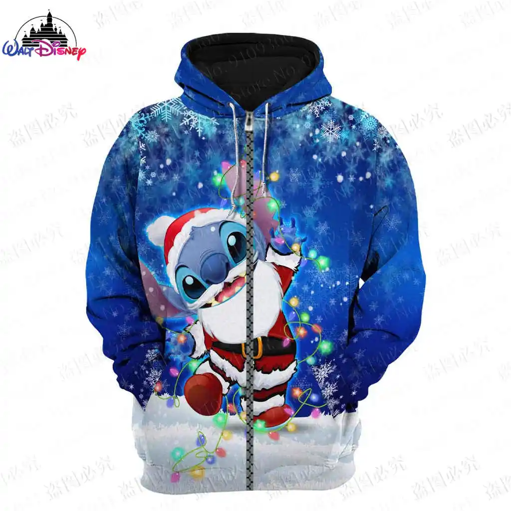 Disney-Sweat à capuche Stitch pour homme et femme, impression 3D, fermeture éclair sourire, vêtements parent-enfant, pull de Noë