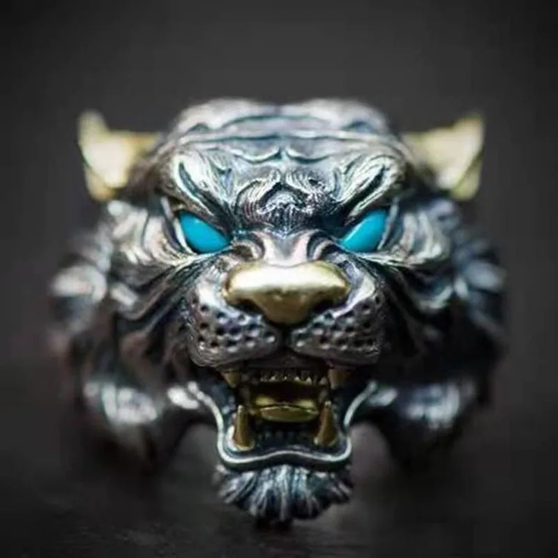 Vintage Chinese Style Tiger Rings Men Women Colorful Animal Hip Hop Rock Ring Jewelry Gift Adjustable