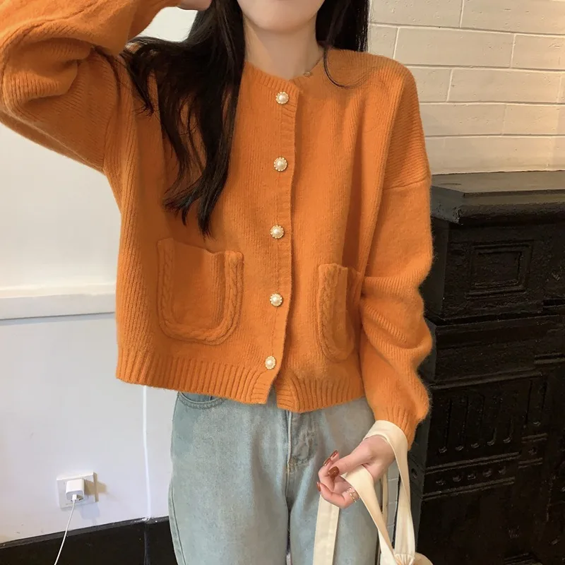 Sweet Candy Color Short Cardigan for Women Korean Fashion New Autumn Loose Long Sleeved Knitted Cardigan Women