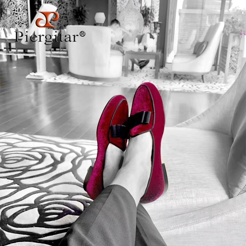 Piergitar Five Colors Velvet Slip-On Loafers With Handmade Bow Tie For Fashion Parties And Wedding Men's Dress Shoes Plus Size