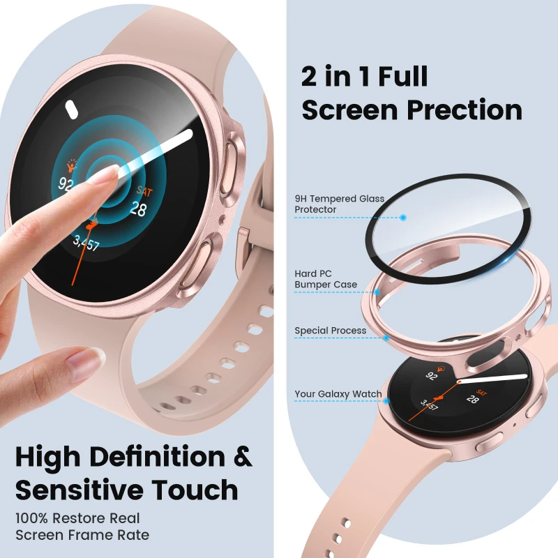 Tempered Glass+PC Cover for Samsung Galaxy Watch 8/9 44mm40mm All Coverage Protective Bumper Case for Galaxy Watch 8 Accessories