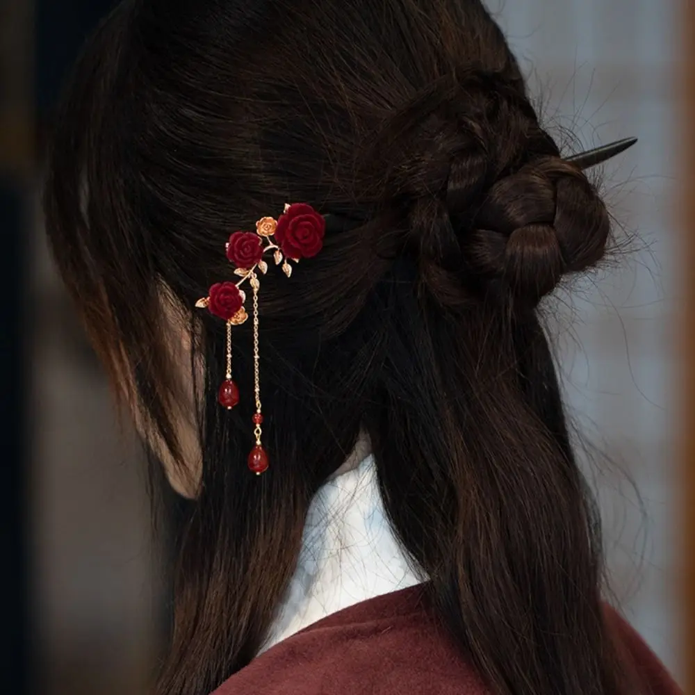 

Hairpin Chopstick Red Rose Chinese Hair Stick Retro Ancient Style Flower Hair Forks Wooden Handmade Vintage Hairpin Wedding