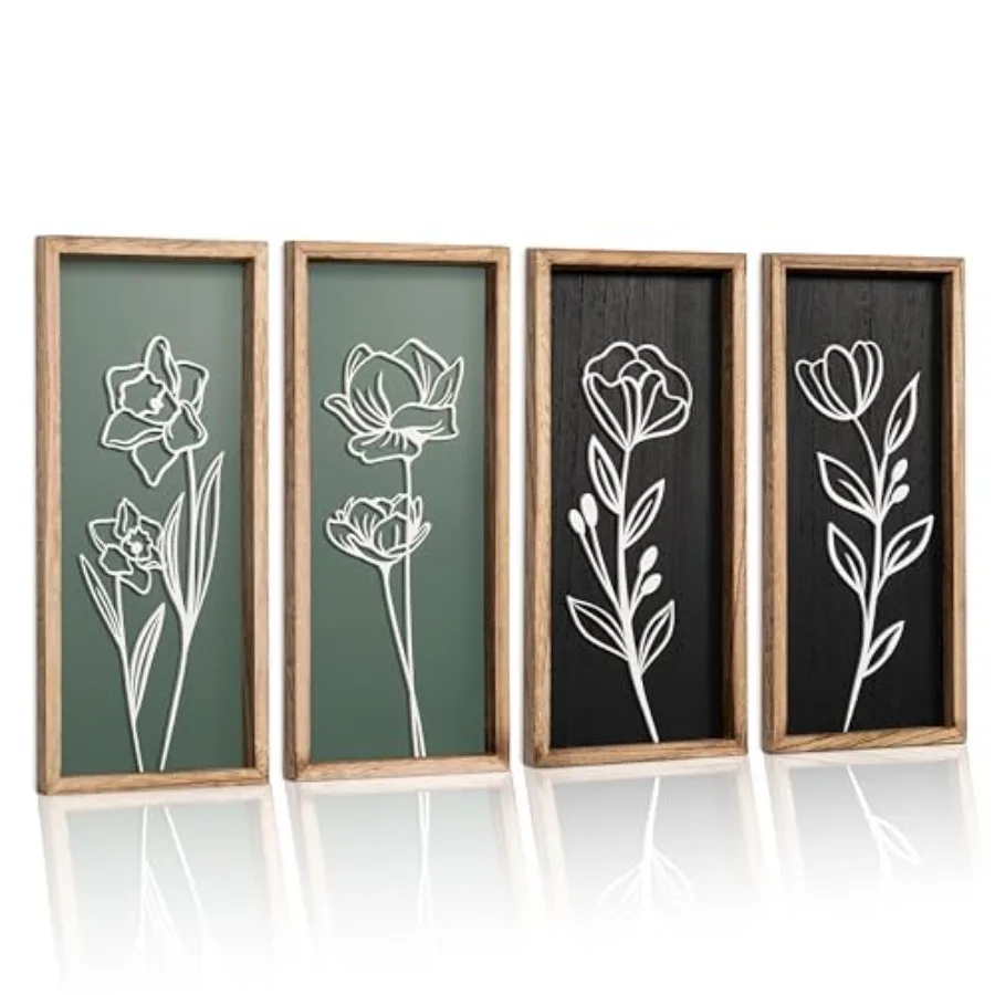 

3D Green and Black Floral Wall Art Set of 4 Lightweight, Wooden Ready-to-Hang Framed Wall Art for Bedroom, Bathroom, Living Roo