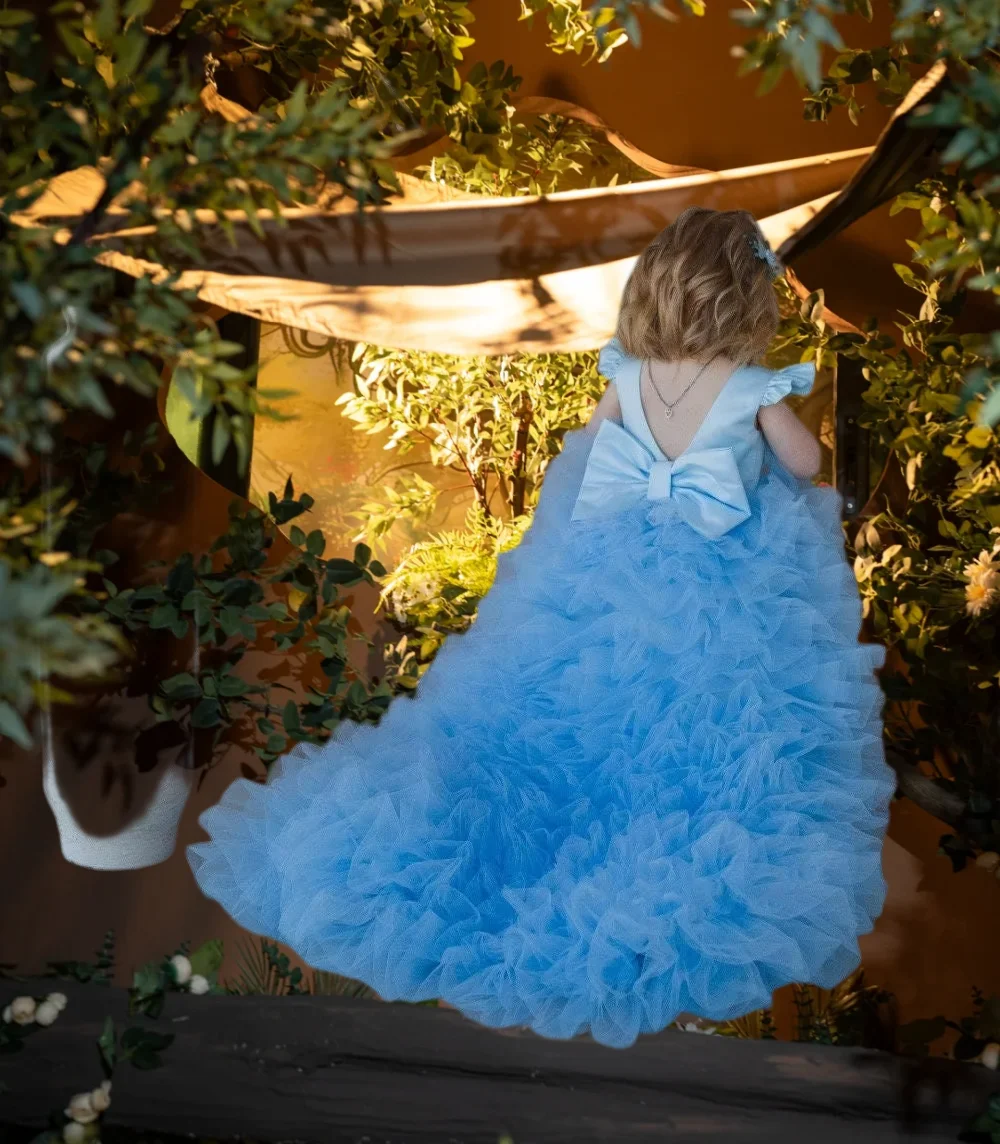 

Blue Flower Girl Dress Ball Gown Long Train Birthday Girl Wear Puffy Prom Pageant Special Occasion Baby Wedding Dress