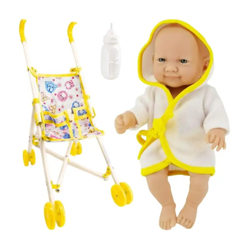 Foldable Doll Stroller Realistic Nursery Doll Set with Bottle Baby Pretend Play House Toy Mini Doll Furniture Accessories