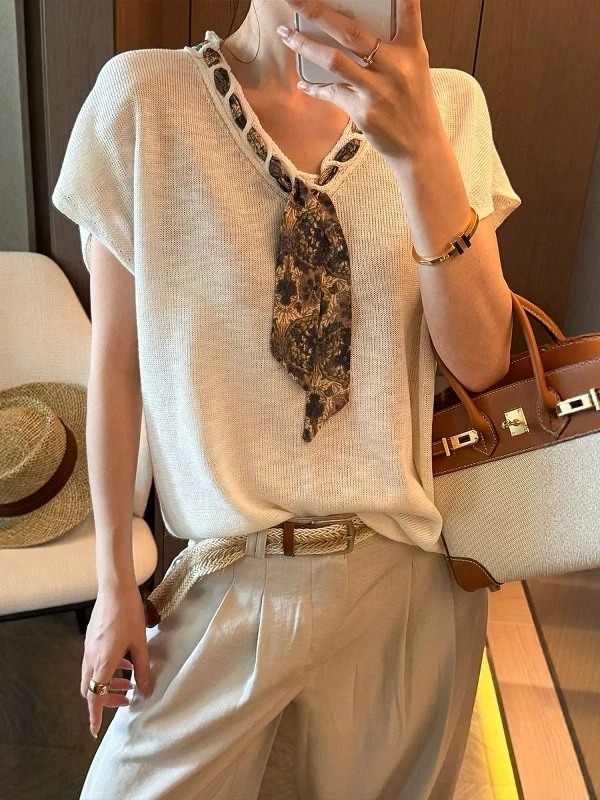 

Ice Silk Knitted Top Women's Fashion Summer New Style V-Neck Short Sleeve Fly Sleeve Scarf Matching Breathable Comfortable Ko...