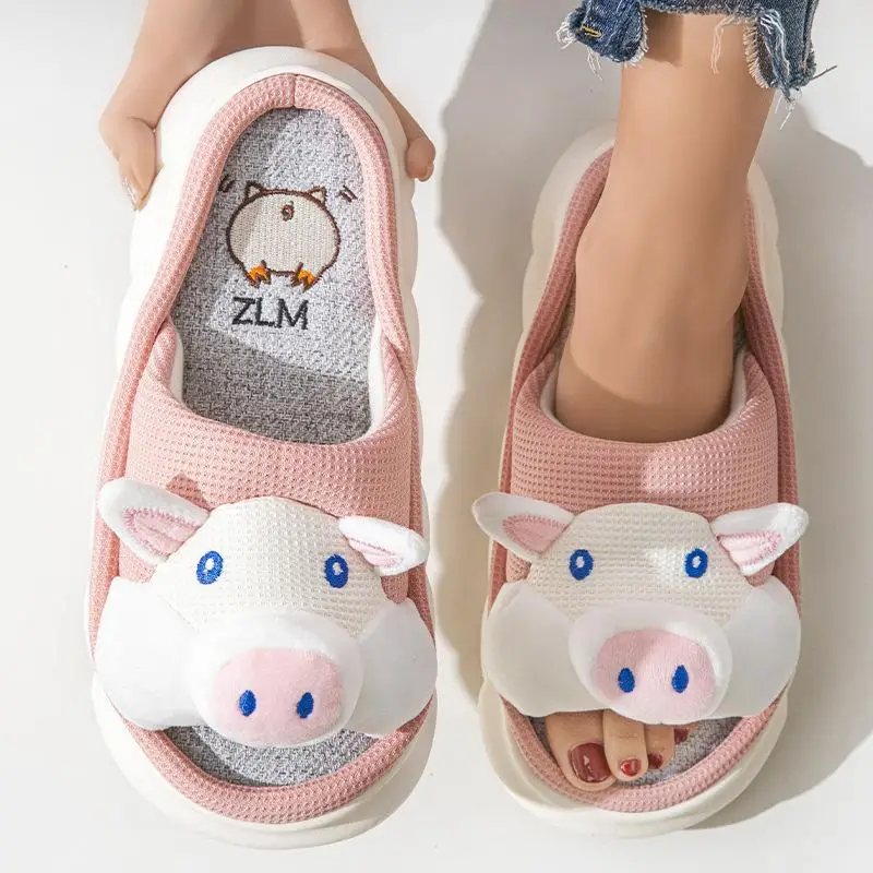 Casual Platform Slippers Women Home Cotton Hemp Cute Cartoon Pig Designer Shoes Girls Flats Fashion Popular Footwear Large Size