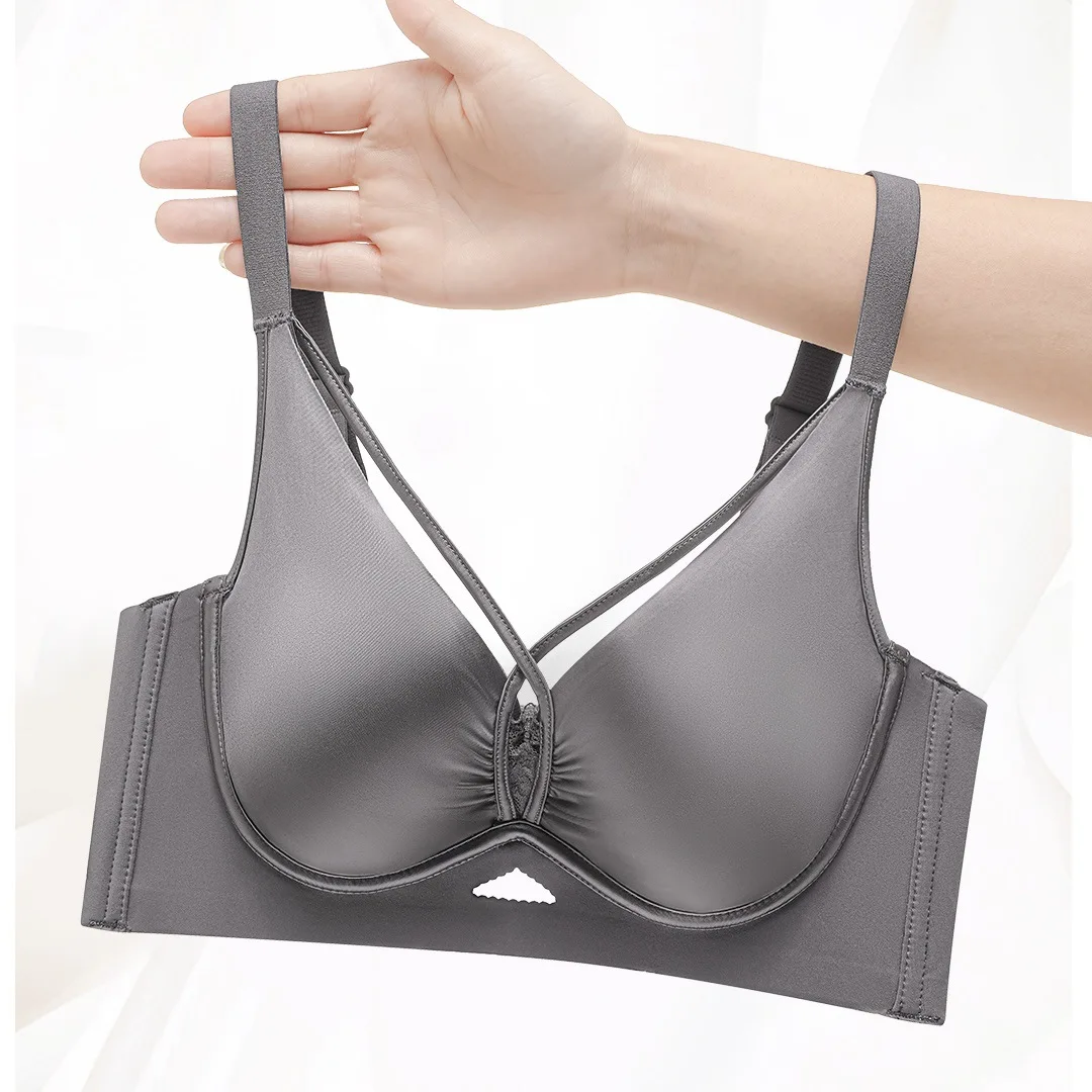 Bra wanita satin mengkilap tanpa bingkai kecantikan punggung, bra push up halus cup 3D tiga dimensi cup tipis