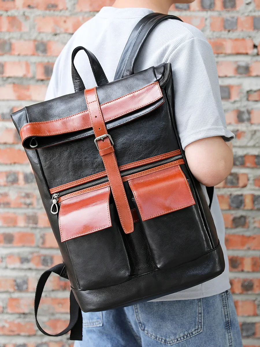 Vintage Genuine Leather Backpack for Men with Large Capacity