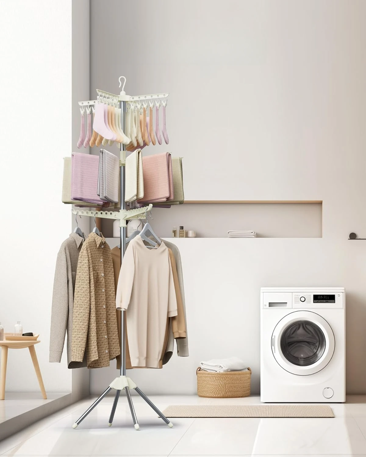 Clothes Drying Rack Foldable,Laundry Drying Rack with Rotating Clothes Rail for Hanging Socks,Space Saving