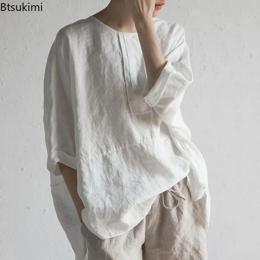 

Summer New Cotton Linen Loose Casual T-shirts for Women Simple Round Neck Solid Pullover Tops Women Vintage Versatile Shirt Tees