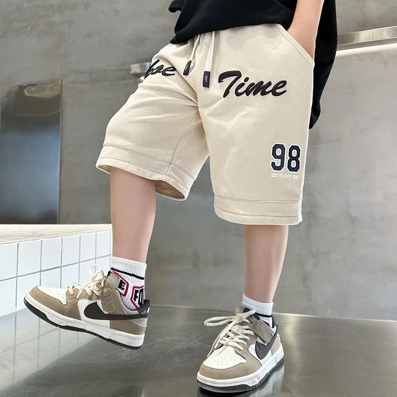 Children Loose Style Show Time Letter Print Shorts for Tween Boys New Summer Bottom Short Pants Kids Teenager Khaki Black Shorts