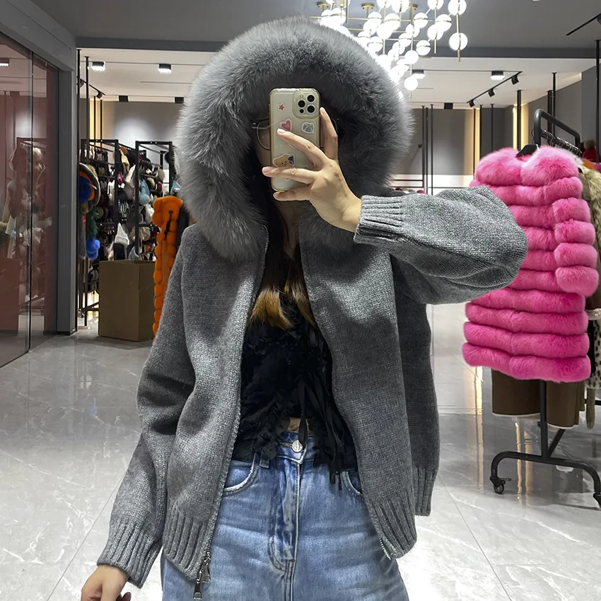

JANEFUR Women's Sweater with Real Fur Collar Spring Fall Ladies Knit Cardigan Fashion Solid Color New Outerwear Hooded 2025