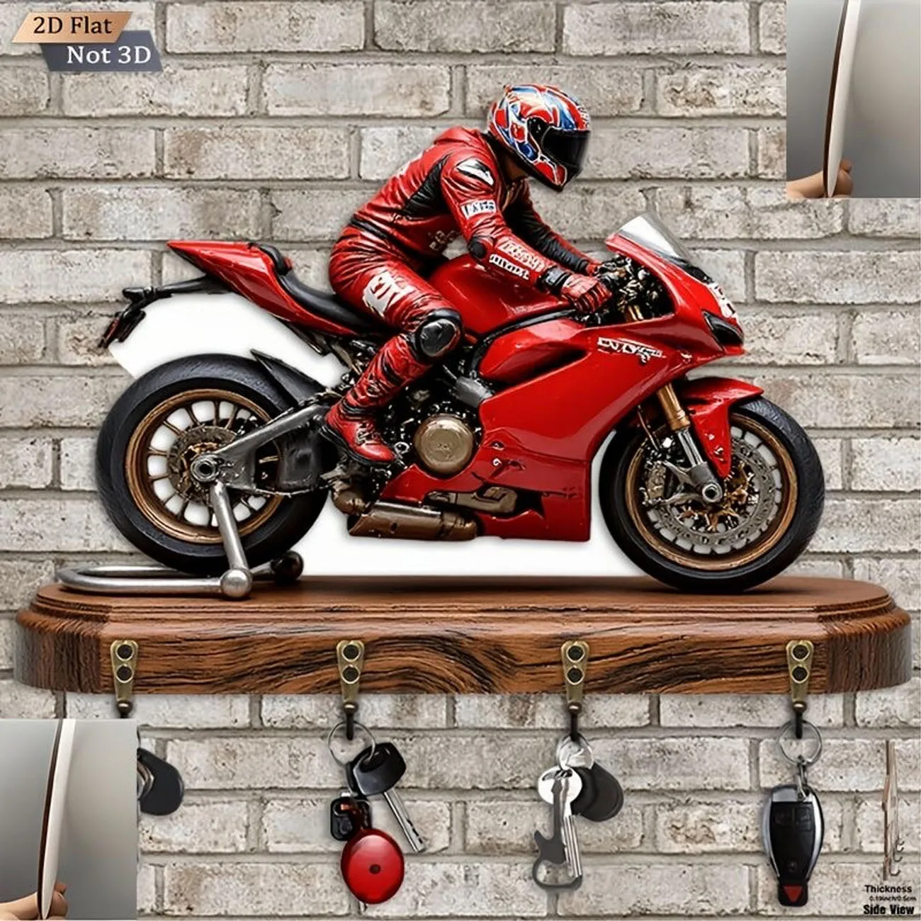 1Pc Red Racing Motorcycle Rider Wooden Key Holder With 4 Hooks Wall Mounted 2D Flat Key Hook Decor Gift