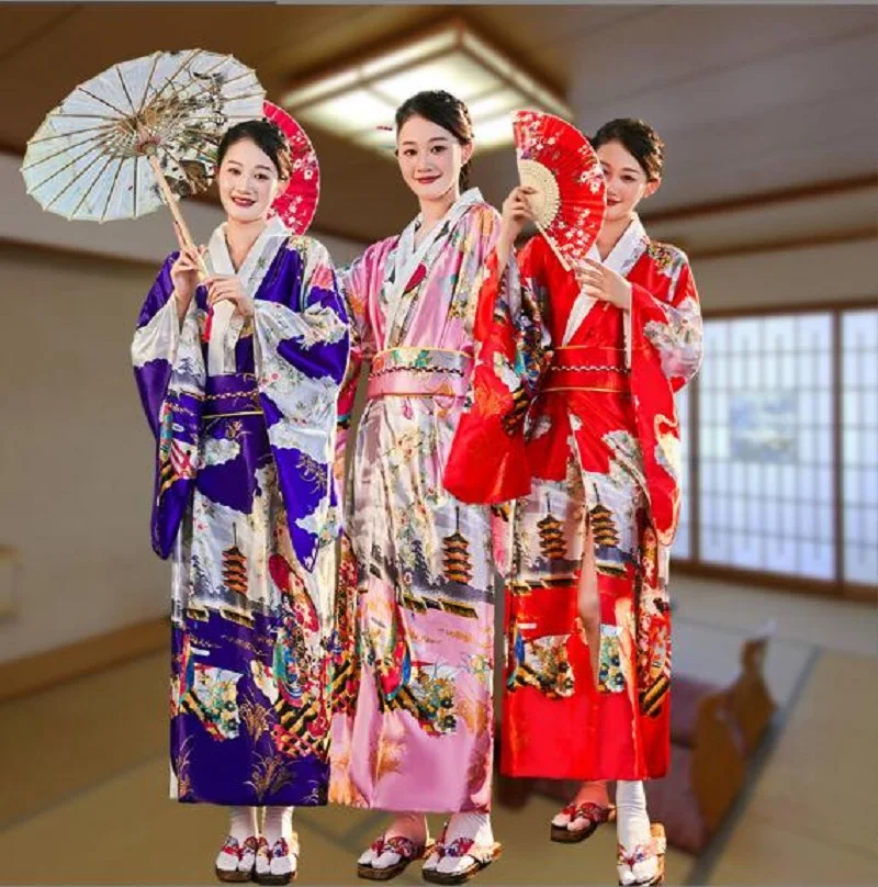 Wholesale New Style Japanese Kimono Women Satin Printing Kimonos Robe Long bathrobe Stage performance Dress Suit