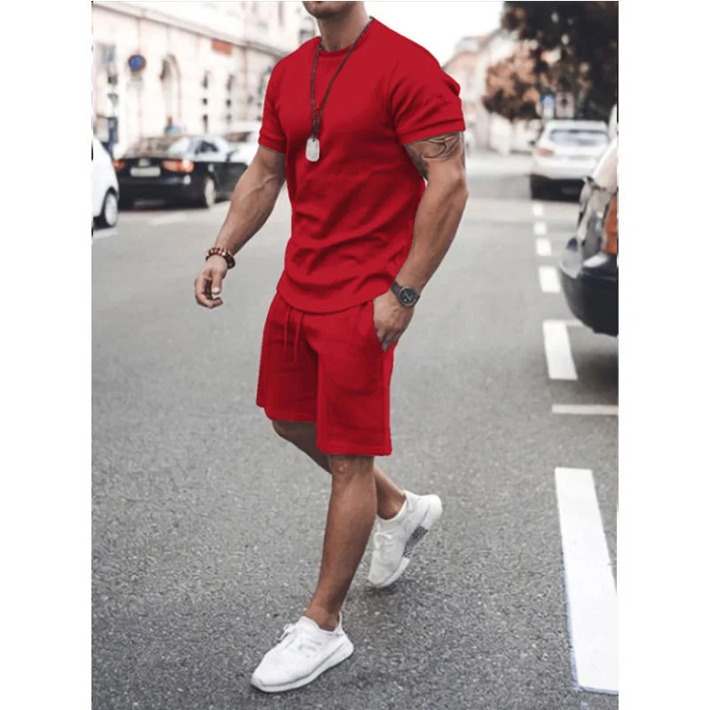 Men's Suit Summer New Loose Waist Lace-up Shorts Simple Style Solid Color O Neck Pullover Tops Male Casual Sports Two-piece Sets