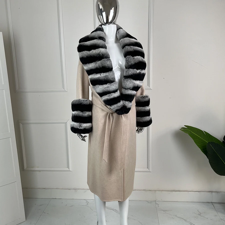 Chinchilla Fur Coat Women's Cashmere Wool Long Coat With Real Rabbit Fur Collar Cuffs High Quality