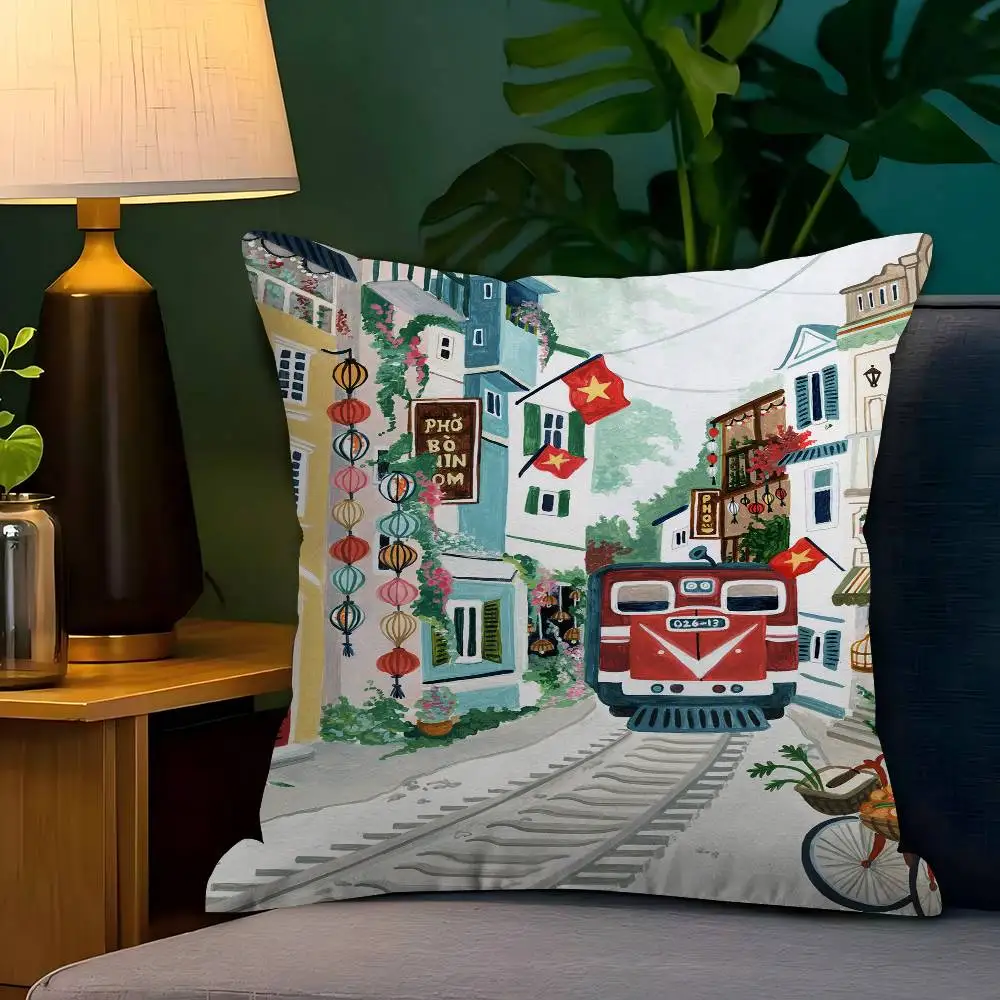 Travel Tourism City Painting Personalized Picture Text Home Decorative Pillows Household Gifts 45x45cm