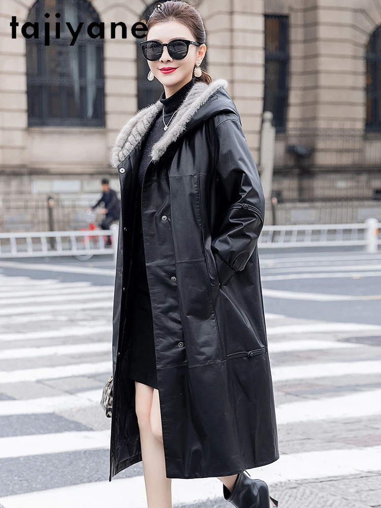 TAJIYANE 100% جلد البقر أوزة أسفل معطف طويل الجلد الحقيقي سترة منفوخة المرأة مع قبعة من المينك الشتاء ملابس خارجية ملابس امرأة 2025